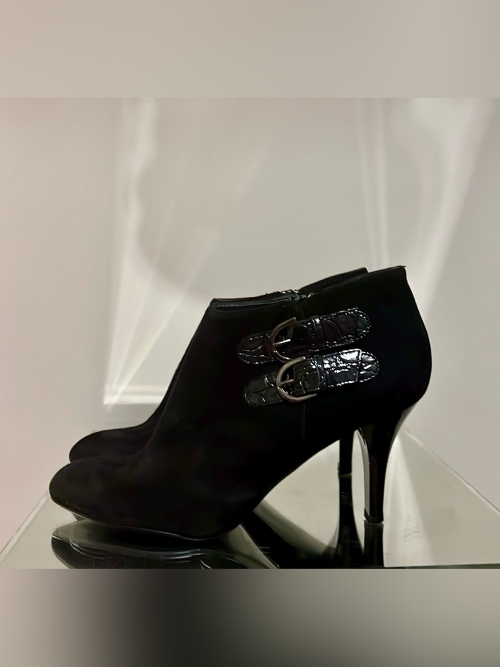 Black Suede Ankle Booties with Buckle Detail - Women